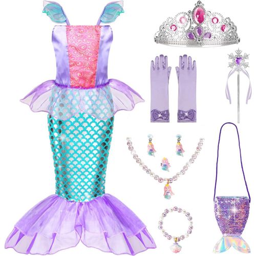 Ehnga-Deguisement Sirene Fille, 12 Pièces Deguisement Princesse Fille Avec Sac De Sirène 3-8 Ans, Ariel Costume D' Carnaval, Anniversaire, Halloween