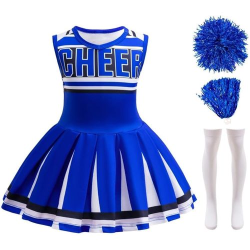 Ehnga-Deguisement Costume Tenue De Pompom Girl Cheerleader Avec Pompons Et Chaussettes Pour Enfants Filles Taille 3 4 5 6 7 8 9 10 11 12 Ans, Rouge/Bleu/Rose Vif