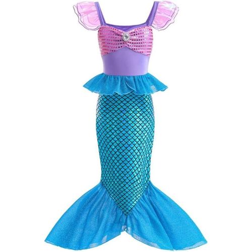 Ehnga-Deguisement Robe Petite Sirene Princesse Ariel Costume Avec Perruque Pour Enfant Fille Taille 2 À 9 Ans, Violet Bleu