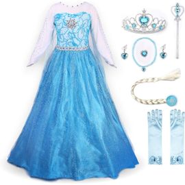 Ehnga-Robe Costume Petites Filles Princesse Elsa Déguisement (110cm, Bleu Avec Accessoires)