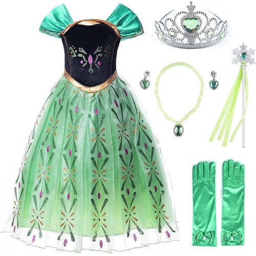 Ehnga-Robe Costume Petites Filles Princesse Elsa Déguisement (140cm, Vert Anna Avec Accessoires)