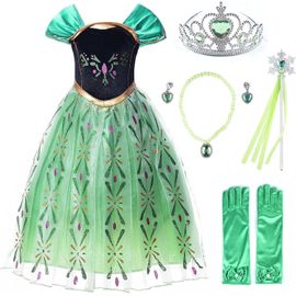 Ehnga-Robe Costume Petites Filles Princesse Elsa Déguisement (120cm, Vert Anna Avec Accessoires)