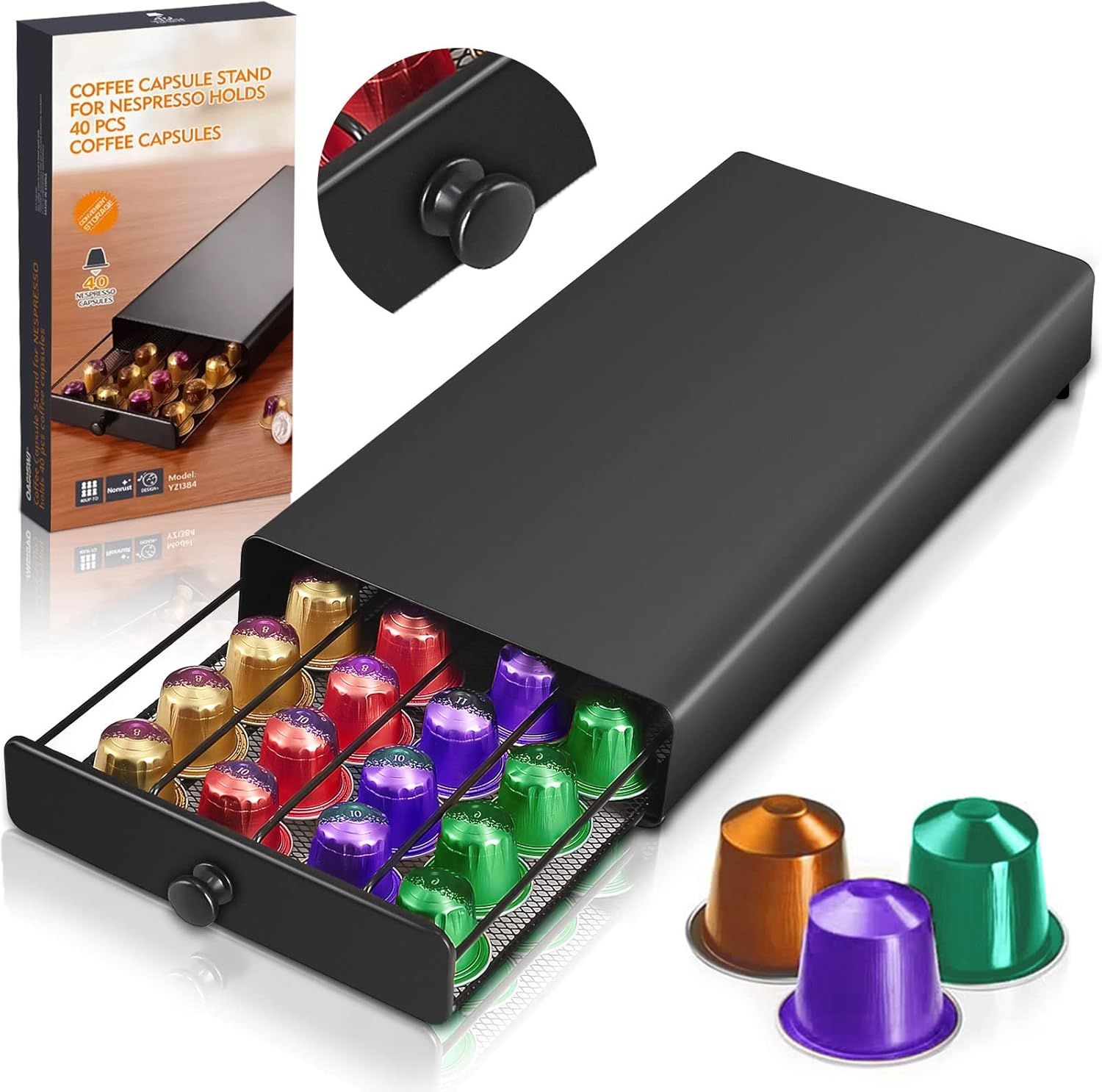 KALANKA-Porte Capsules Tiroirs à Capsules de café Organisateur Support à capsules à café 40 Pcs,Tiroir en maille de Plateau Rangement Stockag e Pour Machine à Café de Dosettes de Café
