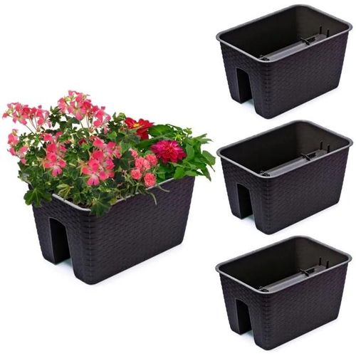 3x Potting Box 27.2 Cm X 39.6 Cm Rattan Umbra Brown 13 L Railing Balustrade