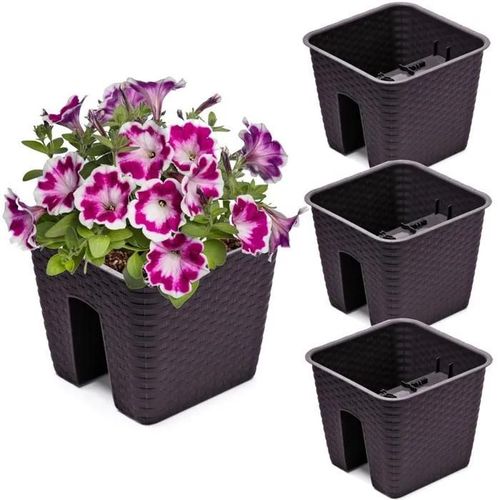 3x Potting Box 27.2 Cm X 27.2 Cm Rotin Umbra Brown 8.5 L Railing Balustrade
