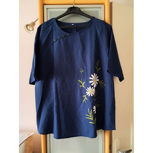 Tunique Neuve Taille 50-52 Bleu Motif Fleur Côté