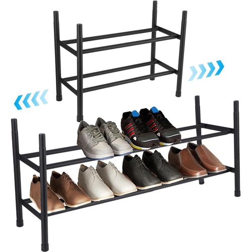 Kgabery-Meuble Chaussure 2 Niveaux,Étagère Chaussures Extensible 44-82cm,Range Chaussures En Acier Inoxydable,Porte Chaussures Stable En Noir,Rangement Chaussures Gain De Place Pour Petits Espaces