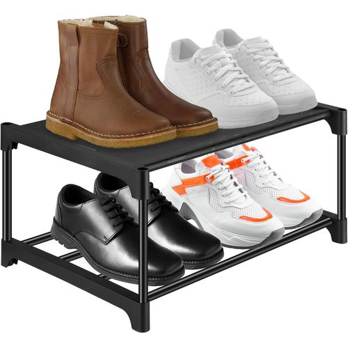 Kgabery-Étagère À Chaussures À 2 Niveaux,Petit Meuble Chaussure En Acier Antirouille,Porte Chaussures Avec Revêtement Antirouille,Shoe Rack Stable Et Durable,Etagere Chaussure Noire Avec Coussin