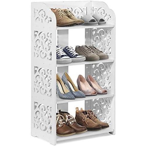 Kgabery-Étagère À Chaussures Blanche Meuble De Rangement De Salle De Bain-Étagère À Chaussures Moderne Sculpté 4 Niveaux Armoire À Chaussures Étagère De Rangement Organisateur Étagère-40x23x71 Cm