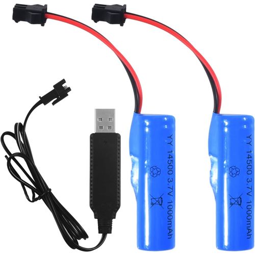 KGABERY-2 Pcs Li-Ion Piles Rechargeables 3,7V,Batteries Lithium De Rechange 1000Mah 1200Mah Avec Chargeur Usb Sm-2P Connecteur,Universelle Batterie Li-Ion 14500 18650 Pour Rc Truck Voitures (1000Mah)