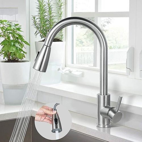 Robinet de cuisine, mitigeur d'évier en acier inoxydable 304, robinet d'évier rotatif à 360° avec douchette extractible, avec tuyau d'arrivée d'eau ordinaire de 60 cm