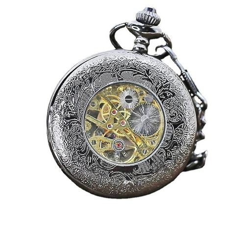Montre De Poche Rétro Pour Homme Avec Chaîne Mécanique Steampunk À Cadran Ouvert, Chiffres Romains Transparents