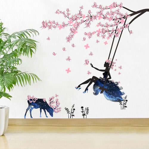 Un ensemble d'autocollants muraux romantiques papillon fleur arbre balançoire fée fille autocollant amovible, décoration murale pour salon chambre autocollant décoratif bricolage
