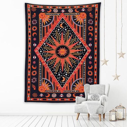 Tapisserie murale ethnique hippie mandala en coton représentant le soleil et la lune, décoration murale 150 x 130 cm