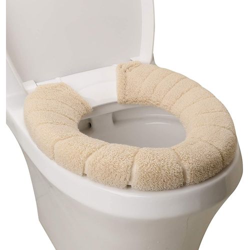 Housse de siège de toilette, douce, épaisse, avec sangle isolante, fixation, tissu extensible et lavable, facile à installer et à nettoyer (beige)