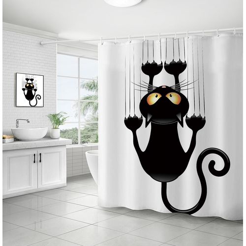 Rideau de douche DIY avec crochets et motif chat amusant (chat noir, 150 x 180 cm)