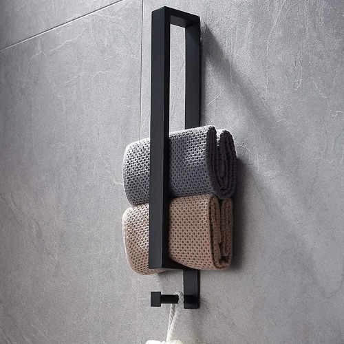Porte-serviettes en acier inoxydable, sans perçage, autocollant, 40 cm, avec crochet, pour salle de bain (noir)