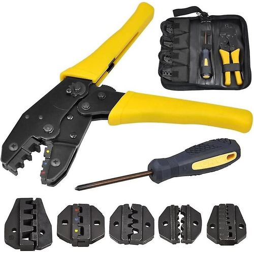 Pince à sertir 5 en 1 pour connecteurs isolés et non isolés, avec 1 tournevis et un sac pour outils de sertissage de câbles.