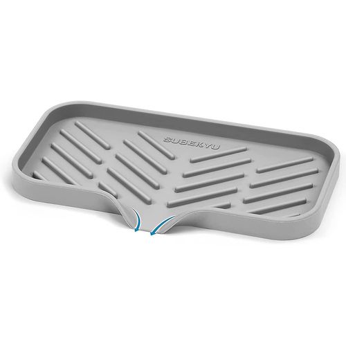 Porte-savon de cuisine en silicone, plateau d'évier de table de cuisine/bouteille de savon, porte-éponge et finition avec drain, gris, [Taille : 9,5 x 5 pouces]