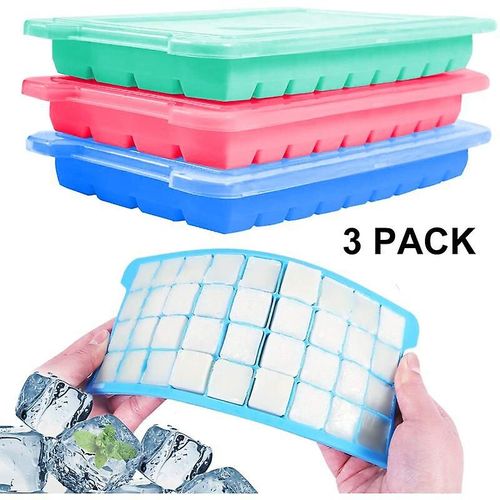 Bacs À Glaçons Avec Couvercles, Lot De 3 (Rose, Bleu, Vert) Bacs À Glaçons Flexibles En Silicone À Démoulage Facile 36 Moules À Glaçons Sans Bpa