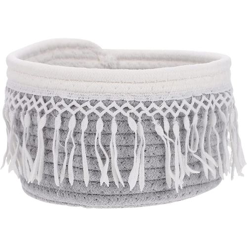 Panier de rangement en corde tressée en fil de coton naturel avec pompon pour livres, magazines, jouets, panier décoratif 20,5 x 9,5 cm