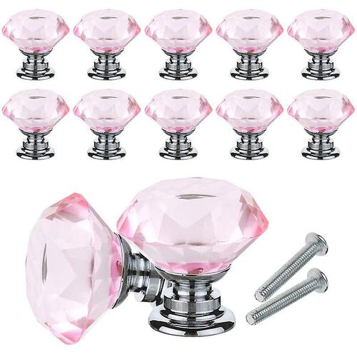 Lot de 10 boutons de porte en cristal 30 mm, poignées de tiroir diamantées avec vis pour meubles, armoires et commodes ¿ Rose