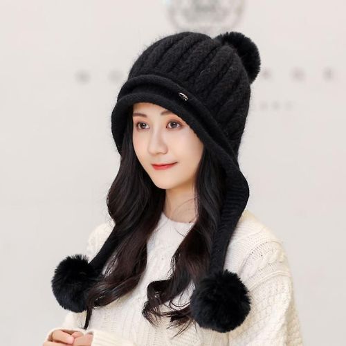 Bonnet Péruvien D'hiver Pour Femme Avec Cache-Oreilles En Sherpa, Doublé Polaire, 3 Pompons, Noir