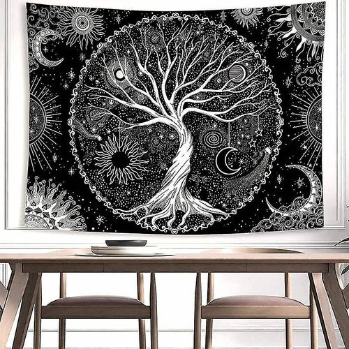 Tapisserie Murale Arbre De Vie, Lune Et Soleil Noir, Tapisserie Psychédélique, Mandala Étoilé, Décoration Murale Hippie Pour Chambre, Dortoir, Fête