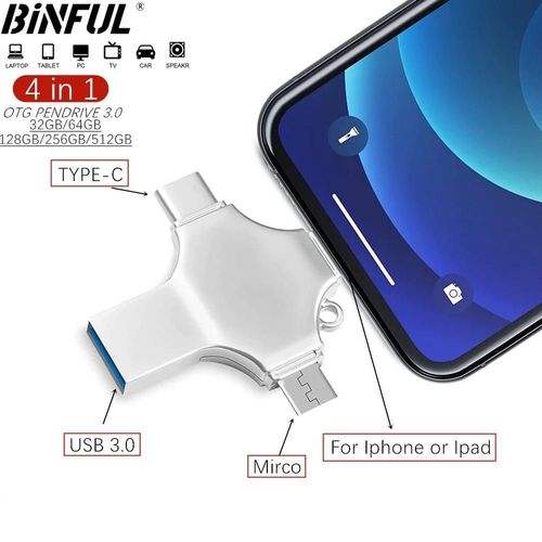 (Sliver 128 Go) Pour iPhone iso 4in1 USB 3.0 clé USB 512GB 256GB 128GB 64GB 32GB clé USB en métal iPad Android OTG Mirco USB clé mémoire LOGO