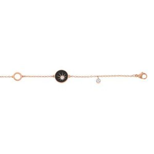 Bracelet Acier Et Pvd Rose Rondelle Résine Noire Et 1 Oxyde Blanc Etoilé 16+3cm