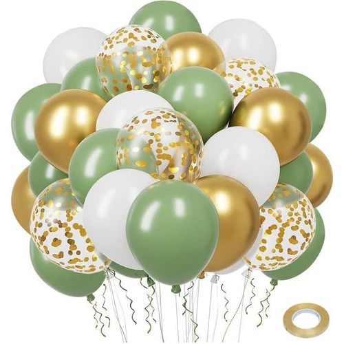 ChicSlick-Ballons Anniversaire Vert Or,50 Pcs Ballons Rétro Verts Et Or Blanc Confettis Ballon Mariage,Ballon Vert Sauge Pour Décoration Anniversaire,Mariage, Baby Shower Decoration Bapteme [X02]