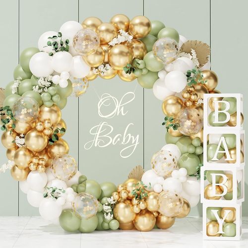 ChicSlick-130Pcs Baby Shower Décoration Vert Sauge, 4 Boîte Ballon Baby Shower Et Kit Arche Ballon Vert Or Blanc, Cube Baby Shower Fille Garçon Pour Baptême, Gender Reveal, Fête Anniversaire[X892]