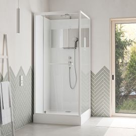 Cabine de Douche Carrée 90x90cm Porte Pivotante - Blanche - Bande Effet Miroir - SQUARE STRIPE