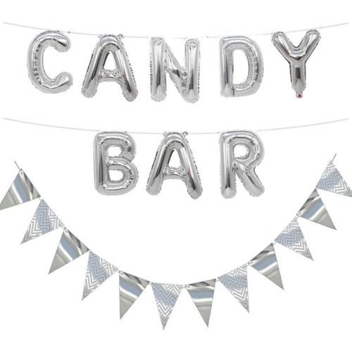 ChicSlick-Décoration De Candy Bar, Barre De Bonbons Ballon Hélium Argent Et 12Pcs Paillettes Fanion Guirlande Banderoles Pour Fête De Mariage Noël Anniversaire Décoration Événement Fournitur[X1265]