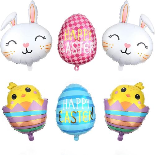 ChicSlick-Ballon Paques 6 Pièces Lapin Ballon Paques Happy Easter Ballon Poussins ?ufs Ballons En Aluminium Lapin Decoration Paques (D-6 Pièces)[X1494]