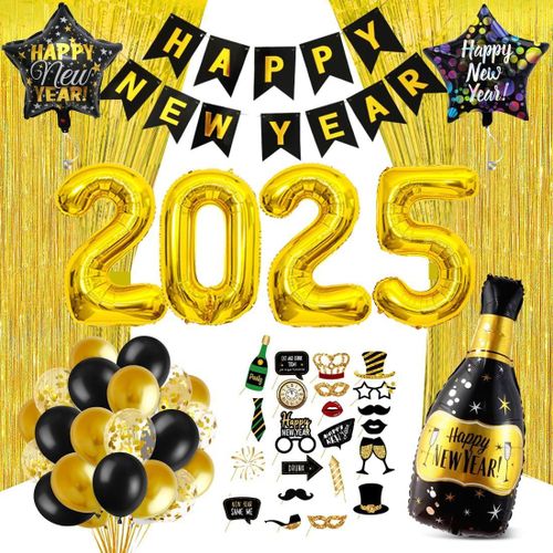 ChicSlick-Decoration Nouvel An 2025 Or Noir, 53 Pièces Deco Fete Nouvelle Année, Géant Ballon Numéro 2025 Avec Happy New Year Bannière, Ballons Champagne, Rideaux Métallique De Frange Access[X2381]