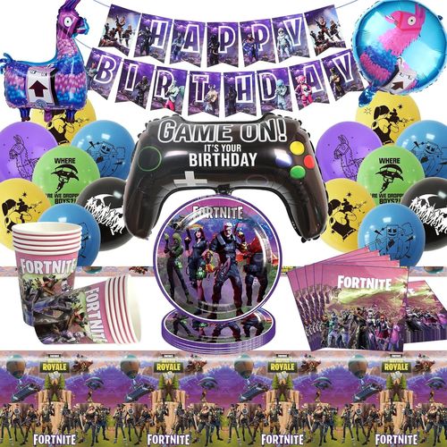 Chicslick-Décoration Fête Fortnit, 55 Pièces Vaisselle Fête Fortnit Set, Jeu Vidéo Kit Déco Gaming Gamer, Fortnit Ballons, Bannières, Assiettes, Serviettes, Tasses, Nappes[X2337]