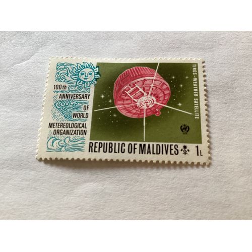 1 Timbre, 100eme Anniversaire De L’ Organisation Météorologique Mondiale, Maldives, Année 1974.