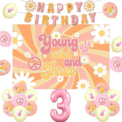 ChicSlick-Décorations De 3E Anniversaire Groovy Pour Filles, Jeunes Sauvages Et Trois Anniversaires - Toile De Fond Rétro Hippie Bohème Happy Birthday Bannière « Happy Birthday » - Rose Pâqu[X1087]