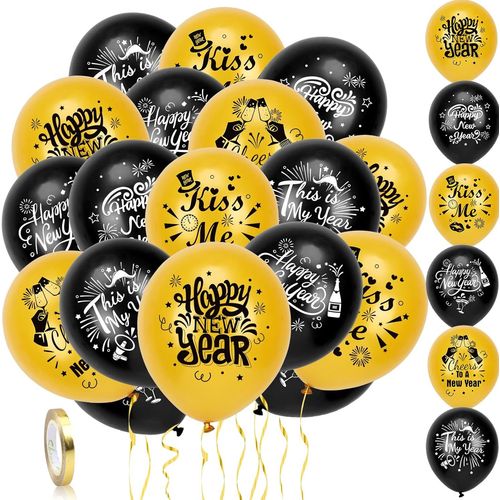 ChicSlick-Decoration Nouvel An 2024, Deco Fete Nouvelle Année, 30 Pièces Bonne Année Ballons, Noir Et Or Ballons Nouvel An Latex Ballons Helium Ballons Gonflable, Deco Nouvel An 2024[X1100]