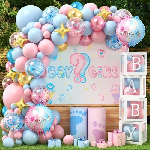 ChicSlick-122Pcs Gender Reveal Party Decoration Avec Boite Baby, Kit Arche Ballon Rose Bleu, Boy Or Girl Ballon, Cube Baby Shower Décoration Baptême Révélation Sex Bebe Garçon Fille[X1389]