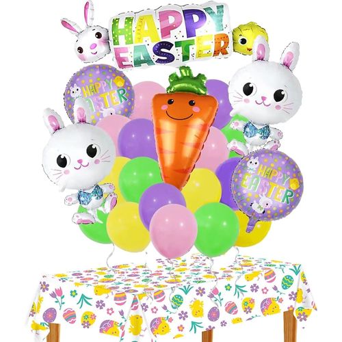 ChicSlick-23 Pièces Ballons En Feuille Set, Grands Ballons De Pâques Avec Nappe, Ballons En Aluminium Lapin Carotte, Décoration De Fête Mignon Pour Enfants, Fête À Thème[X1455]