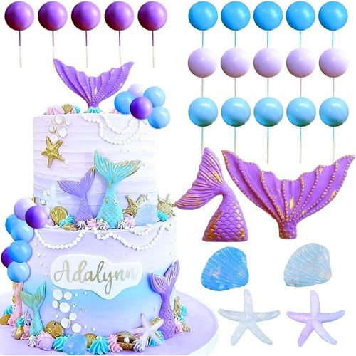 ChicSlick-26 Pièces Décoration Gâteau Sirène,Kit Cake Topper Queue De Sirène,Étoiles De Mer,Coquillages Et Ballons,Accessoires De Décoration Anniversaire Thème Sirène Pour Baby Shower Et Pet[X2060]