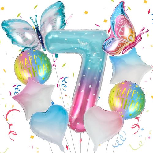 ChicSlick-Ballon Decoration Papillon 7 Ans, 11 Pieces Décoration D'Anniversaire Pour Fille, Ballon Aluminium Papillons Colorés, Happy Birthday Decoration Ballons Avec Petites Pailles Et Peti[X946]