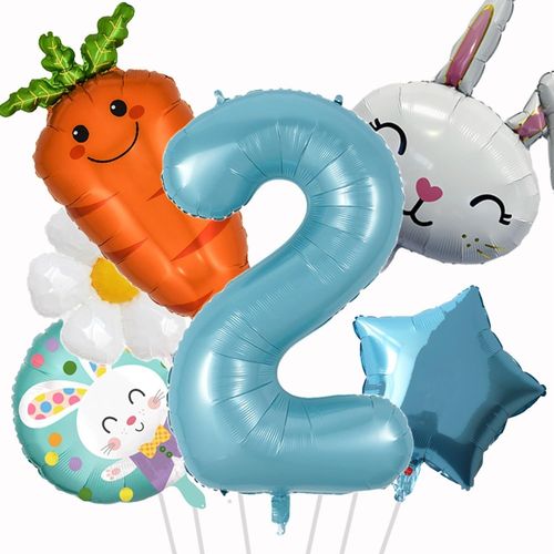 ChicSlick-Ballon Paques 6 Pezzi Ballon Lapin Paques Ballon Chiffre 2 Ballon Carotte Fleur Marguerite Etoile Hélium Ballons Pour Pâques, Baby Shower, 2 An D'Anniversaire Décoration (2 Ans)[X338]