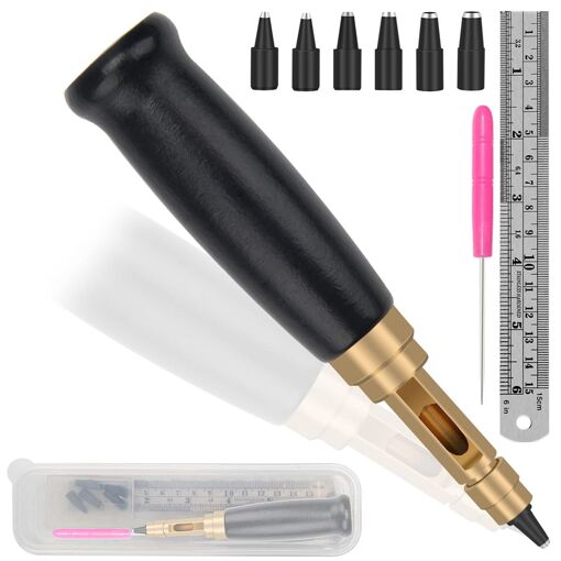 Perforateur à Vis Réglable - 6 Embouts 1.5 à 4 Mm, Manche Bois, Pour Cuir Papier | Outil Reliure Couture Cuir Bricolage