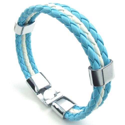Bracelet Homme - Drapeau Argentine Manchette - Cuir - Alliage - Fantaisie - pour Homme et Femme - Chaine de Main - Couleur Blanc Bleu - Largeur 1.4cm - Longueur 21.5cm