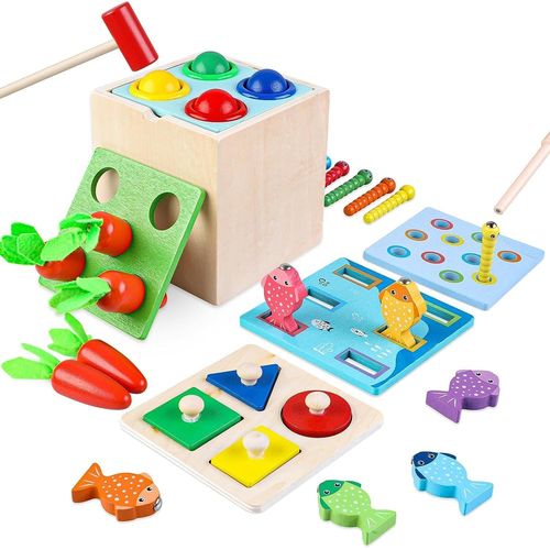 Jouets Montessori Pour Les 1 2 3 Ans,5 In 1 Jouet En Bois,Récolte De Carottes,Jouets À Trier Et Empiler,Chute De Balle,Cadeau Pour Enfants