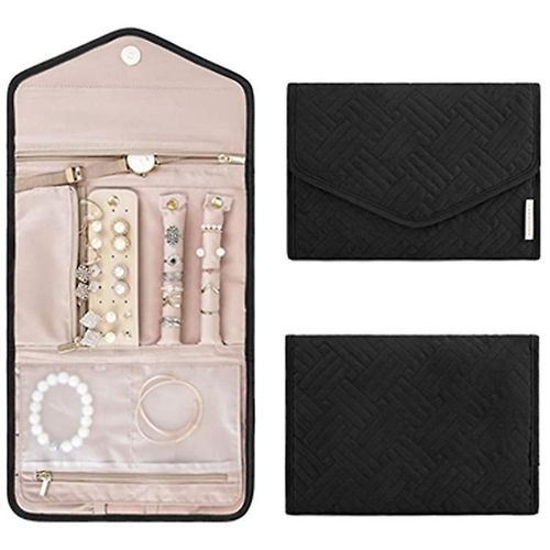 Organisateur De Bijoux De Voyage, Étui À Bijoux Pliable Pour Voyager, Support En Cuir Souple Pour Boucles D'oreilles, Colliers, Bagues Noir