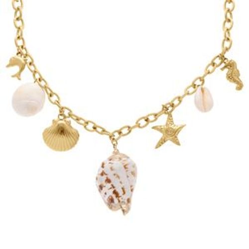 Collier Acier Doré Pampilles Theme Mer Et Coquillages 42+5cm